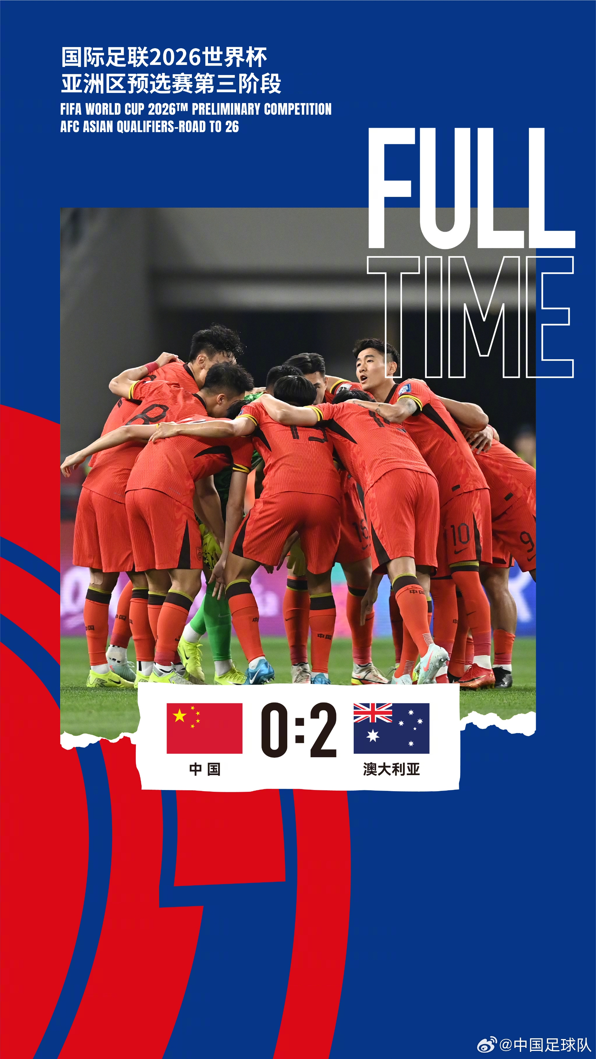 美加墨世界杯亞洲區(qū)預(yù)選賽第三階段第八輪，中國隊(duì)0-2澳大利亞隊(duì)