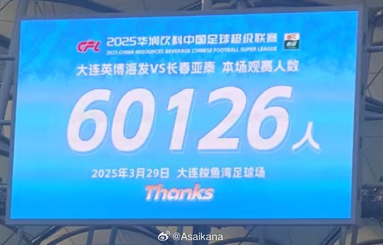 大連英博和長(zhǎng)春亞泰吸引60126名觀眾現(xiàn)場(chǎng)觀戰(zhàn)，中超歷史排名第二